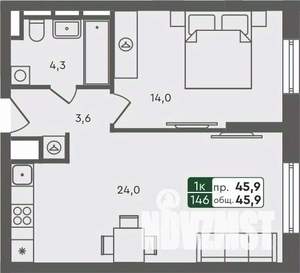 1-к квартира, строящийся дом, 46м2, 5/7 этаж