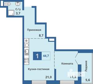 1-к квартира, сданный дом, 45м2, 3/15 этаж