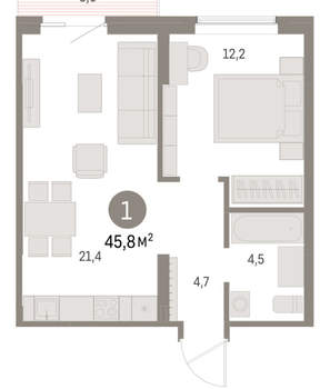 1-к квартира, вторичка, 46м2, 13/15 этаж