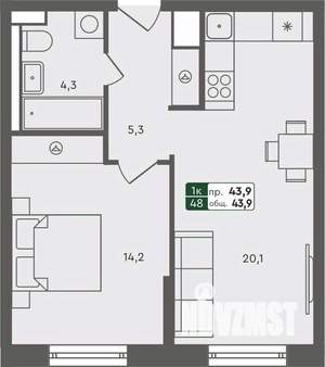 1-к квартира, строящийся дом, 44м2, 5/7 этаж