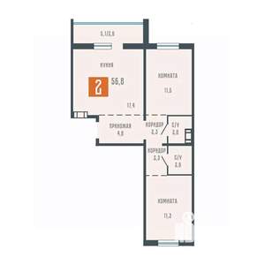 2-к квартира, вторичка, 57м2, 1/10 этаж