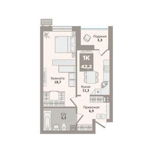 1-к квартира, вторичка, 42м2, 6/9 этаж