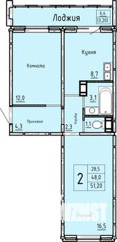 2-к квартира, строящийся дом, 51м2, 10/10 этаж