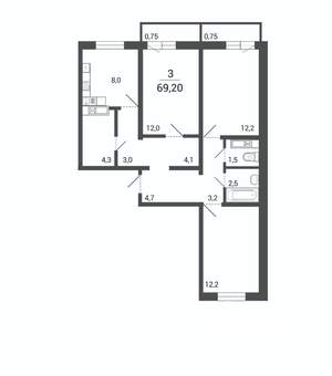 3-к квартира, строящийся дом, 69м2, 4/10 этаж