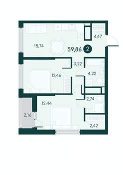 2-к квартира, сданный дом, 60м2, 8/12 этаж