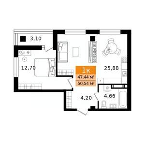 2-к квартира, вторичка, 51м2, 10/16 этаж