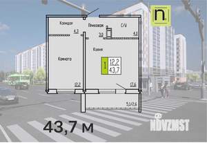 1-к квартира, строящийся дом, 44м2, 2/10 этаж