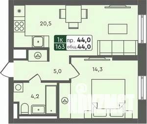 1-к квартира, строящийся дом, 44м2, 3/7 этаж