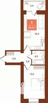1-к квартира, строящийся дом, 49м2, 1/9 этаж