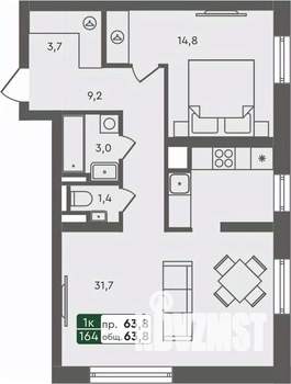1-к квартира, строящийся дом, 64м2, 3/7 этаж