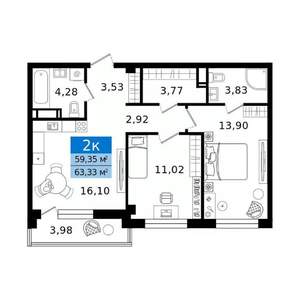 2-к квартира, вторичка, 63м2, 14/16 этаж