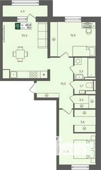 2-к квартира, строящийся дом, 70м2, 6/7 этаж