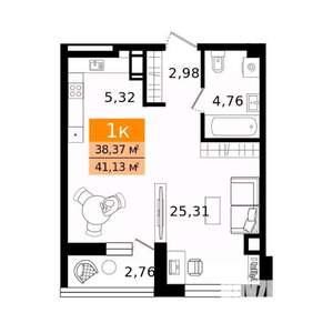 1-к квартира, вторичка, 41м2, 9/12 этаж
