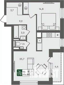1-к квартира, строящийся дом, 62м2, 5/7 этаж