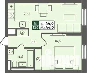 1-к квартира, строящийся дом, 44м2, 4/7 этаж