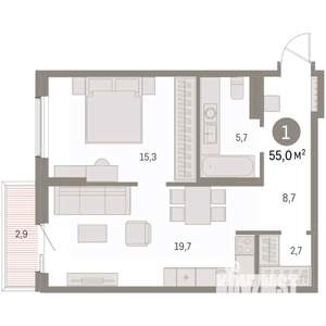 1-к квартира, вторичка, 55м2, 6/8 этаж