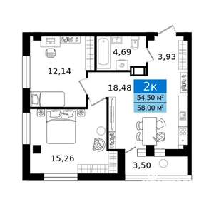 2-к квартира, вторичка, 58м2, 2/12 этаж