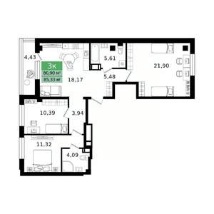 3-к квартира, вторичка, 85м2, 3/12 этаж