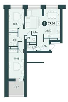 2-к квартира, вторичка, 80м2, 3/12 этаж