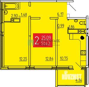 2-к квартира, вторичка, 49м2, 12/19 этаж