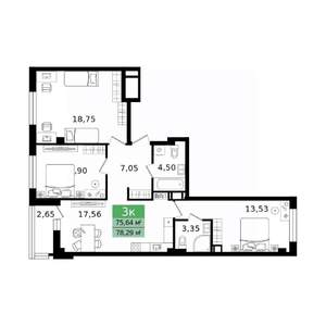 3-к квартира, вторичка, 78м2, 12/12 этаж