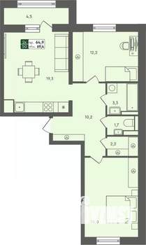 2-к квартира, строящийся дом, 69м2, 6/7 этаж