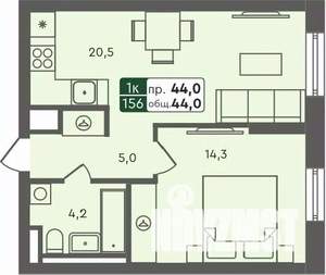 1-к квартира, строящийся дом, 44м2, 4/7 этаж