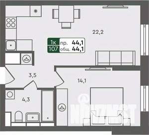 1-к квартира, строящийся дом, 44м2, 3/7 этаж