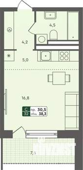 Студия квартира, строящийся дом, 38м2, 2/7 этаж