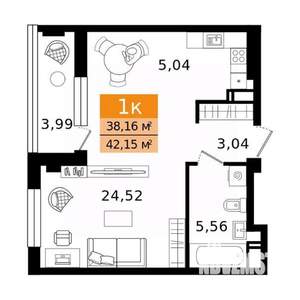 1-к квартира, вторичка, 42м2, 2/8 этаж