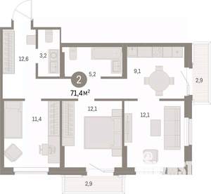 2-к квартира, вторичка, 71м2, 8/15 этаж