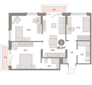3-к квартира, вторичка, 80м2, 2/15 этаж