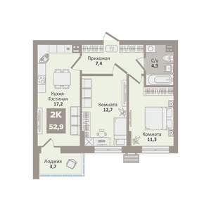 2-к квартира, вторичка, 53м2, 5/9 этаж