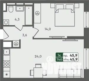 1-к квартира, строящийся дом, 46м2, 5/7 этаж