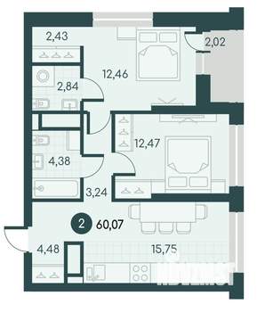 2-к квартира, вторичка, 60м2, 4/12 этаж