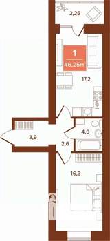 1-к квартира, строящийся дом, 46м2, 1/9 этаж