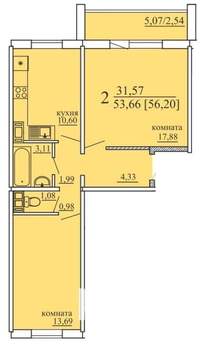 2-к квартира, сданный дом, 56м2, 8/10 этаж