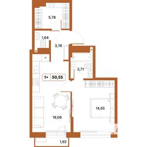 1-к квартира, строящийся дом, 51м2, 3/14 этаж