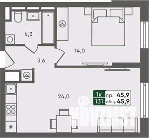 1-к квартира, строящийся дом, 46м2, 3/7 этаж