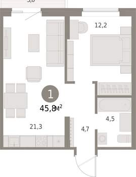 1-к квартира, вторичка, 46м2, 5/15 этаж