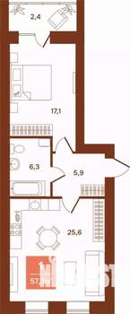 1-к квартира, строящийся дом, 57м2, 4/9 этаж