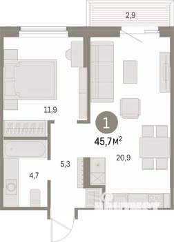 1-к квартира, вторичка, 46м2, 3/9 этаж