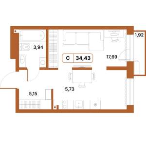 Студия квартира, строящийся дом, 34м2, 2/14 этаж