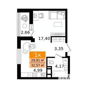 1-к квартира, вторичка, 33м2, 6/12 этаж