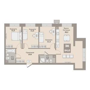 3-к квартира, вторичка, 84м2, 1/9 этаж