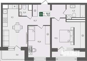 2-к квартира, строящийся дом, 73м2, 5/7 этаж