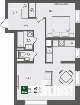 1-к квартира, строящийся дом, 64м2, 3/7 этаж