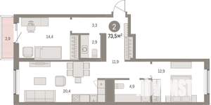 2-к квартира, вторичка, 73м2, 4/15 этаж