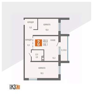 2-к квартира, сданный дом, 59м2, 10/10 этаж