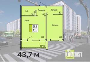 1-к квартира, строящийся дом, 44м2, 2/10 этаж